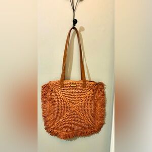 Sun ‘N Sand Straw Woven Tote-Handbag 15” Square. Rust Orange Brown. Fringe.